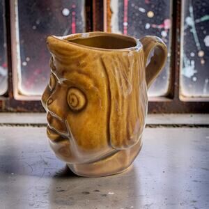 Vintage Small Character Face Mug Brown Glazed Folk Art Pottery Pitcher